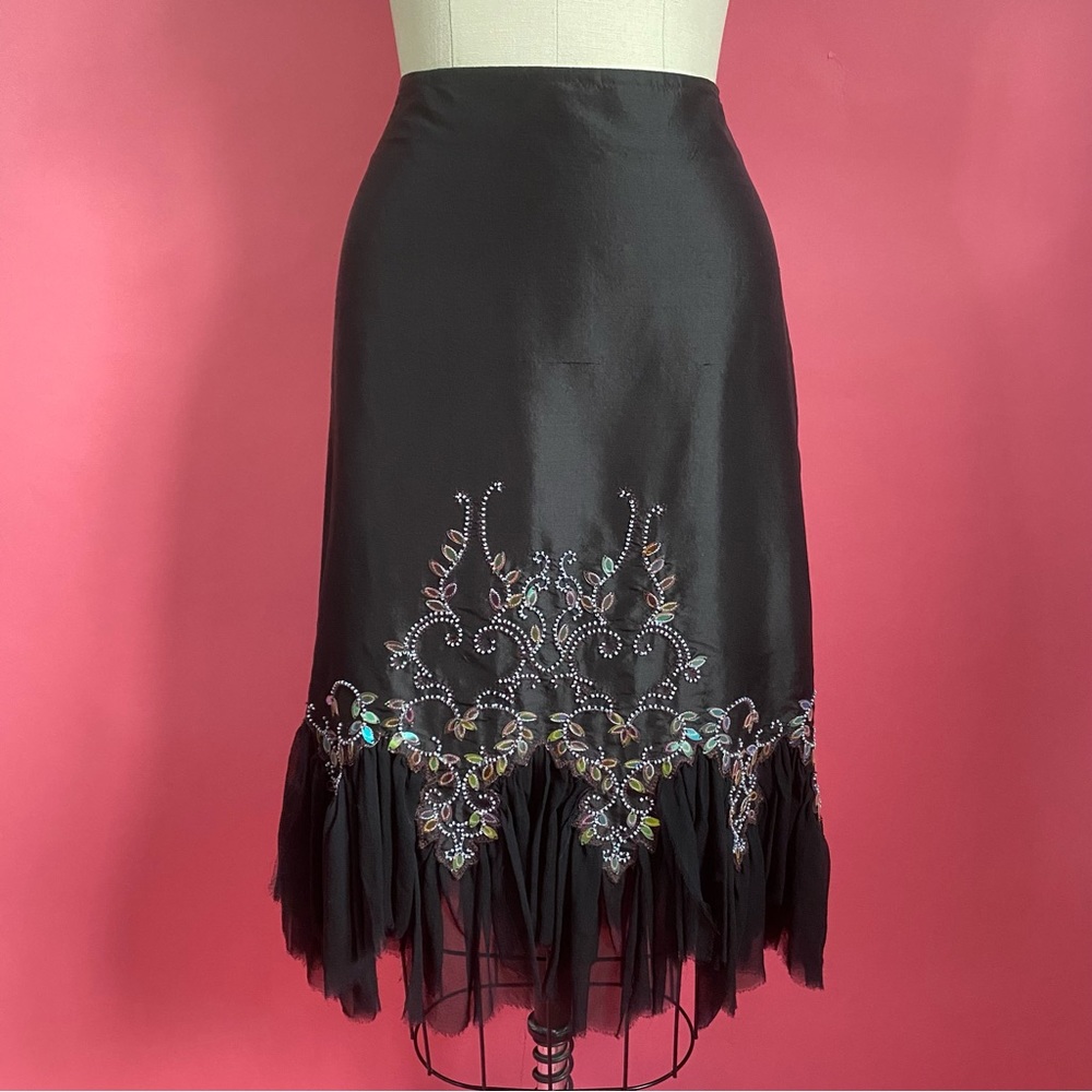 Vintage 90s/Y2K SILK FairyCore Ethereal Goth Embellished Ruffled Midi Skirt - 4